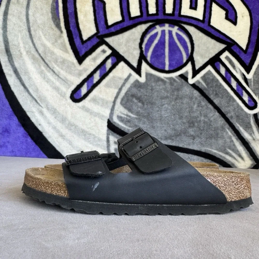 Size 38/W7 - Birkenstock Arizona Black Birko-Flor Leather Narrow Sandals